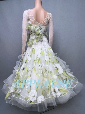 社交ダンス ドレス　スタンダード　モダンドレス　ホワイト（花柄）　L　デモ・競技用ドレス　発表会衣装　パーティドレス　ワンピース　舞台衣装