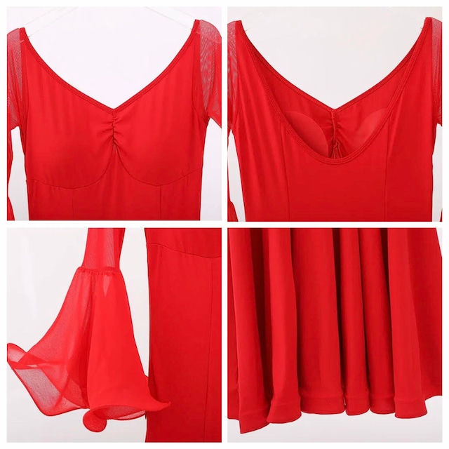 シアーメッシュスリーブ ベルフレア ロング ダンスドレス 2col D00626