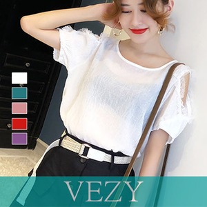 前後2way シフォン ブラウス 半袖 トップス 透け感 ブラウス 肩出し 可愛い 韓国風 フェミニン おしゃれ 肌見せ 肩あき シャツ VEZY ベジー ItemNo.【19399574】