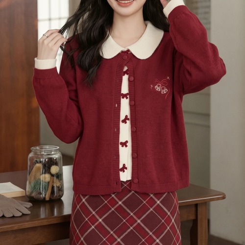 2色/刺繍ラウンドカラーリボンドッキングニット ・79375