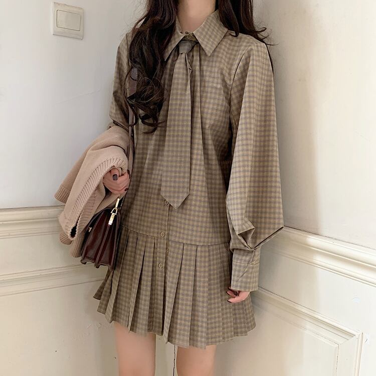 送料無料 旬のワントーンコーデ スクール風 ガーリー セットアップ チェック シャツワンピ ニット ベスト Lamitte Deco トレンド 韓国ファッション ショップ Base店