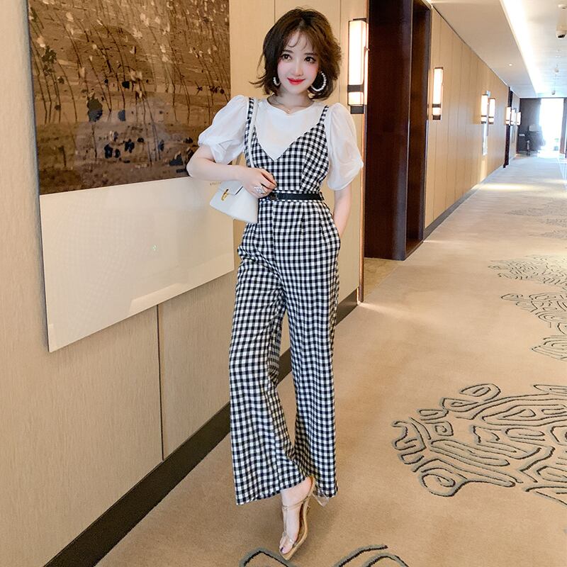 ソリッド カラーTシャツ ブラックホワイトストラップ 薄手パンツ ジャンプスーツ オールインワン サマー 夏物 ソリッドカラー MIUCO66058592797