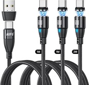 AUFU マグネット USB C 充電ケーブル PD 60W 9ピン QC3.0急速充電 超高速データ転送 【1m/1m/2m】360°回転 マグネット式 着脱式 Type‐C ケーブル LED付き USB-A Type‐C スマホ タイプC コレクタ PD 充電コード ブラック 3本セット