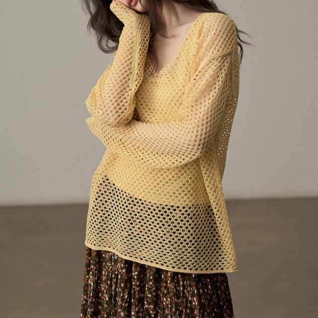 メッシュ編みVネックカジュアルトップス H0073