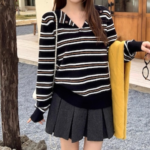 2色／ハーフボタンボーダーニットトップス ・73781