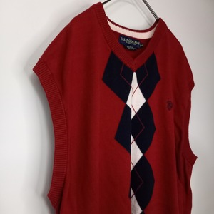 U.S. POLO ASSN.　Vネック　コットン　ニットベスト　セーター　刺繍ロゴ　アーガイル　オーバーサイズ　レッド　XXL