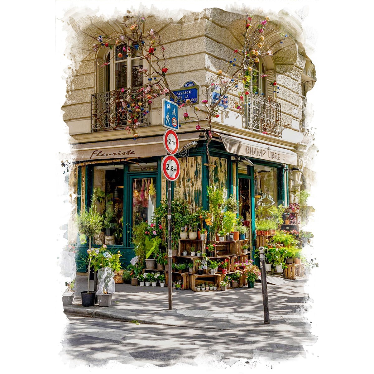 絵画 フランス 風景画(街並み) パリのフラワーショップの風景 