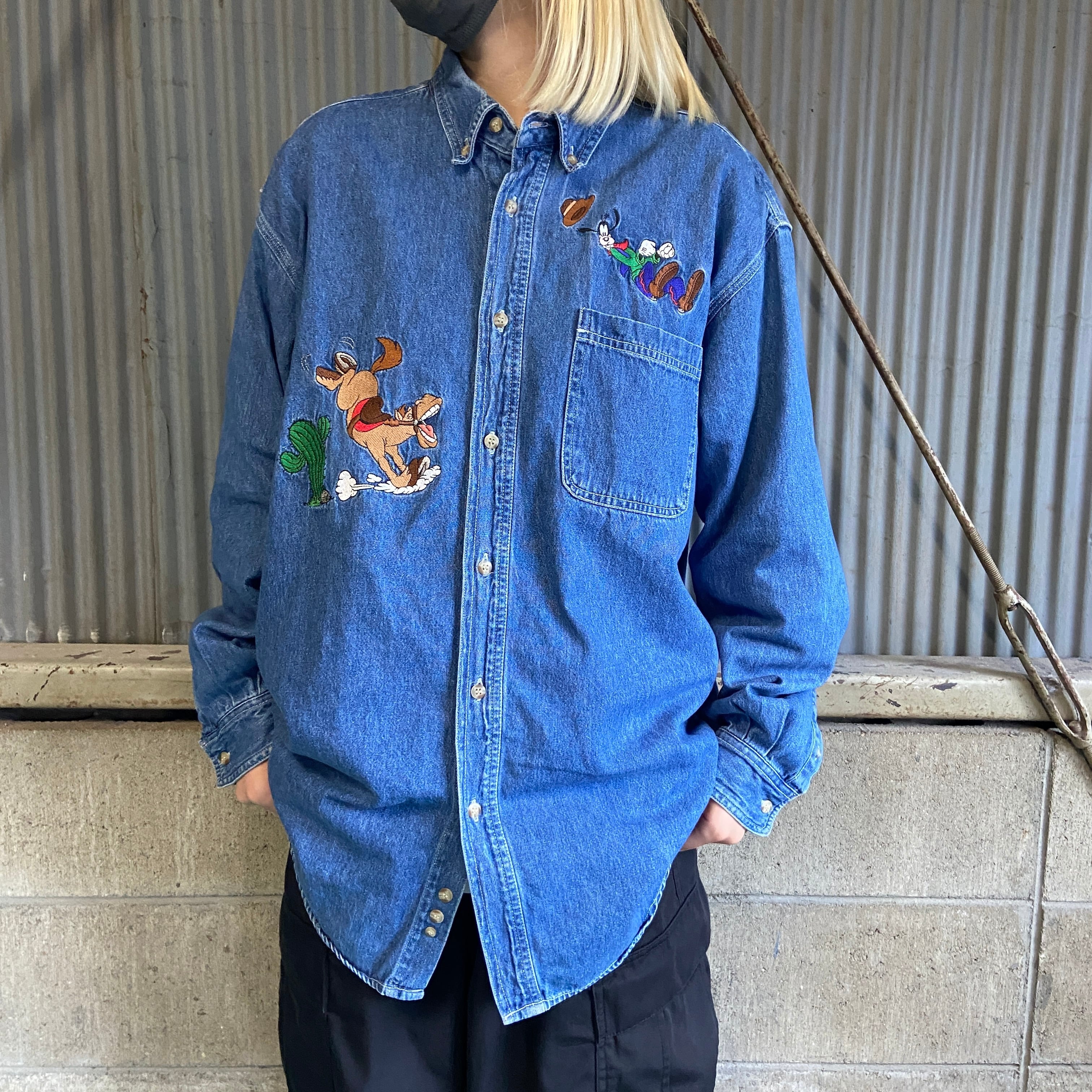 90年代 THE DISNEY STORE ディズニー グーフィー 刺繍 長袖 デニム 