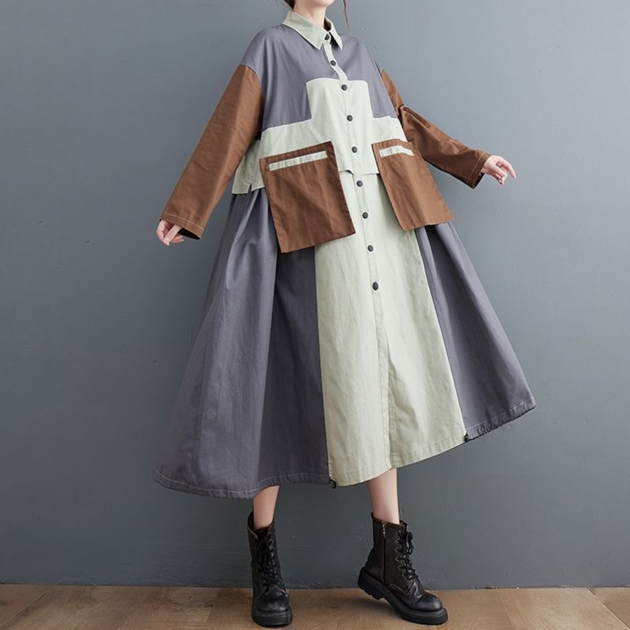 パッチワークデザイン ロングシャツワンピース 00112