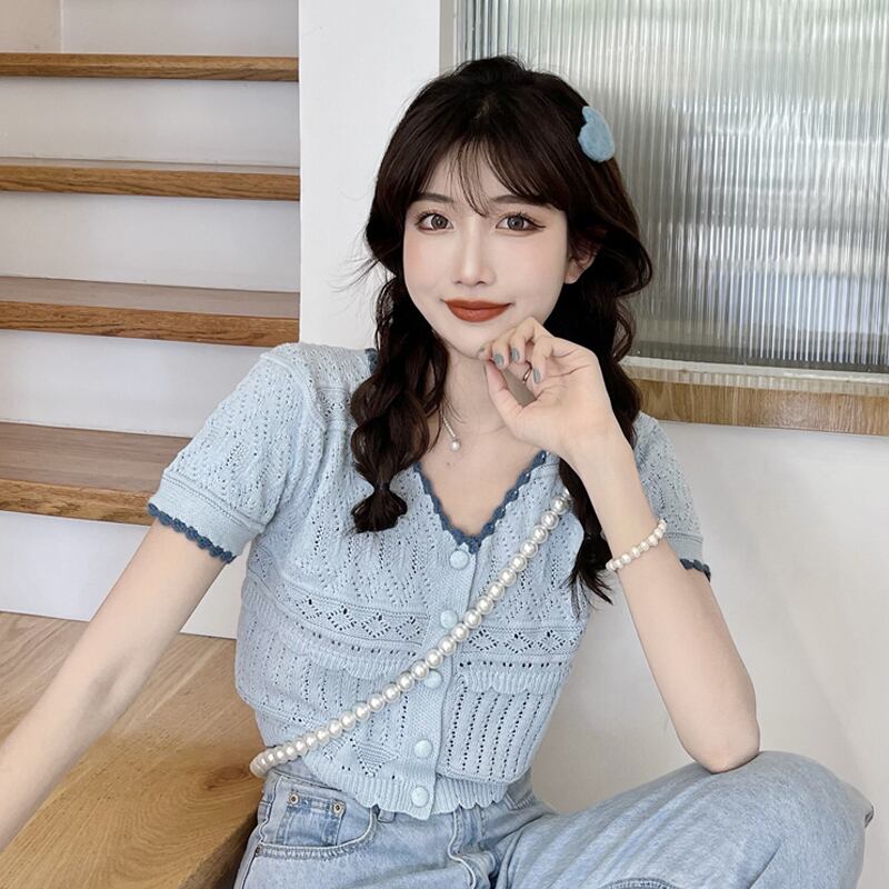 ブルーニットショートTシャツ サマーVネック 夏物 スーパーモール97003064095