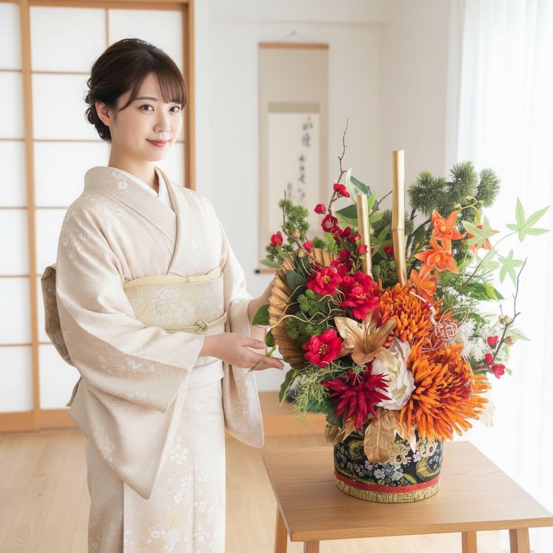 豪華帯締めの迎春門松 Lサイズ｜舞う鶴と咲き誇る菊の正月アレンジ
