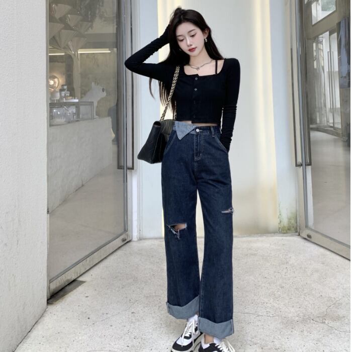 パンツ レディーススタイルスタンダードハイウェストウェストワイドレッグジーンズ レトロ ワイドパンツ ドラファッションホール84892347764