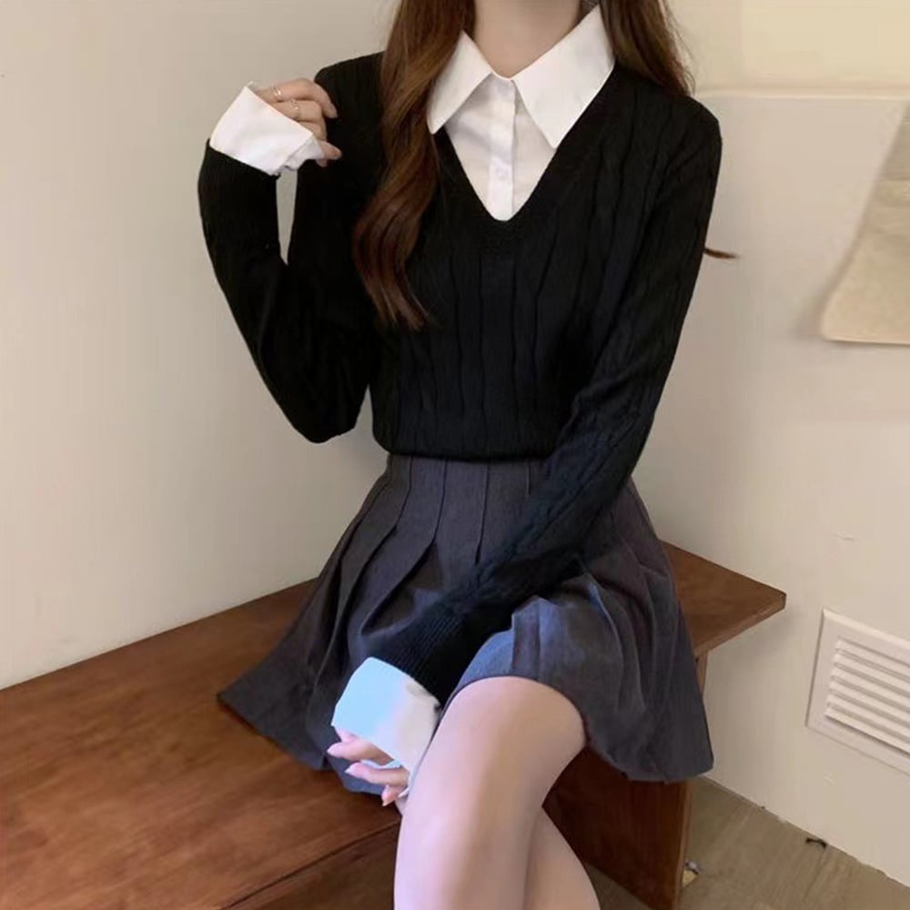 レイヤード風 ニット トップス レディース 春秋冬 韓国 重ね着 長袖 おしゃれ 大人 かわいい カジュアル シャツニット ブラウス 大人可愛い 大人女子