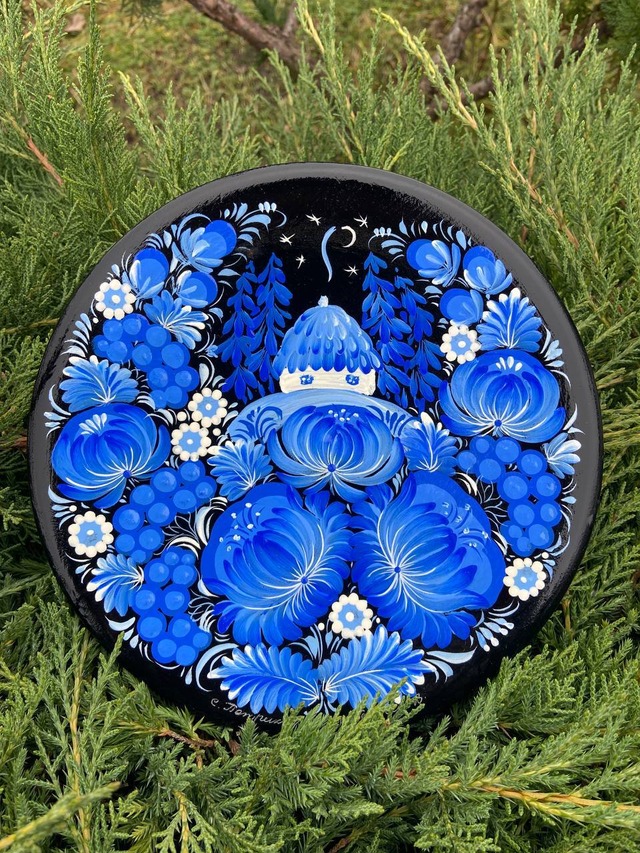 ペトリキウカ塗りのプレート（ヴァレンティナ・ホロべッツ）20cm