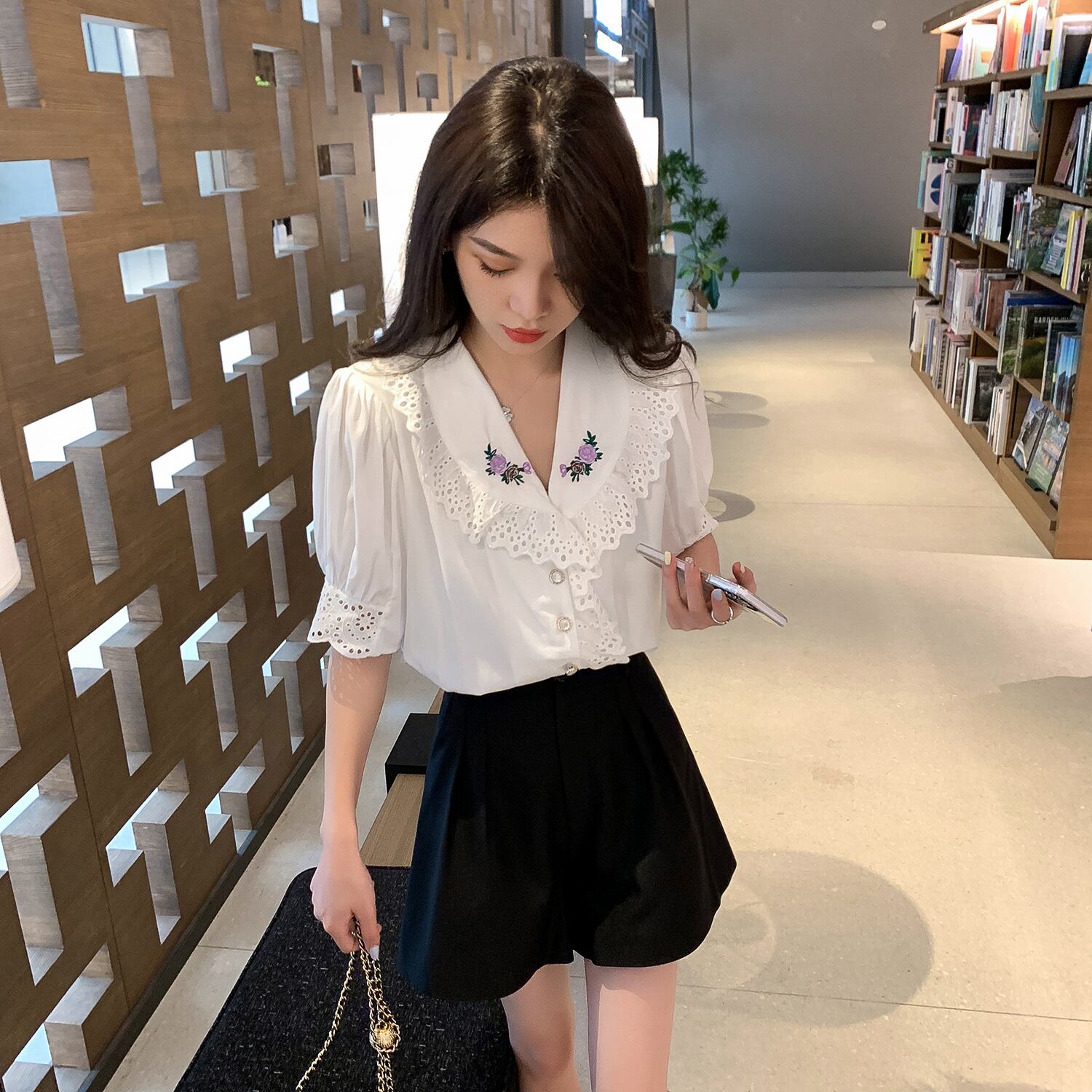 スタンダード刺繍Flowerデザイン スリーブシャツ レトロ フラワーデザイン 6Du_Shop_Women85428242050