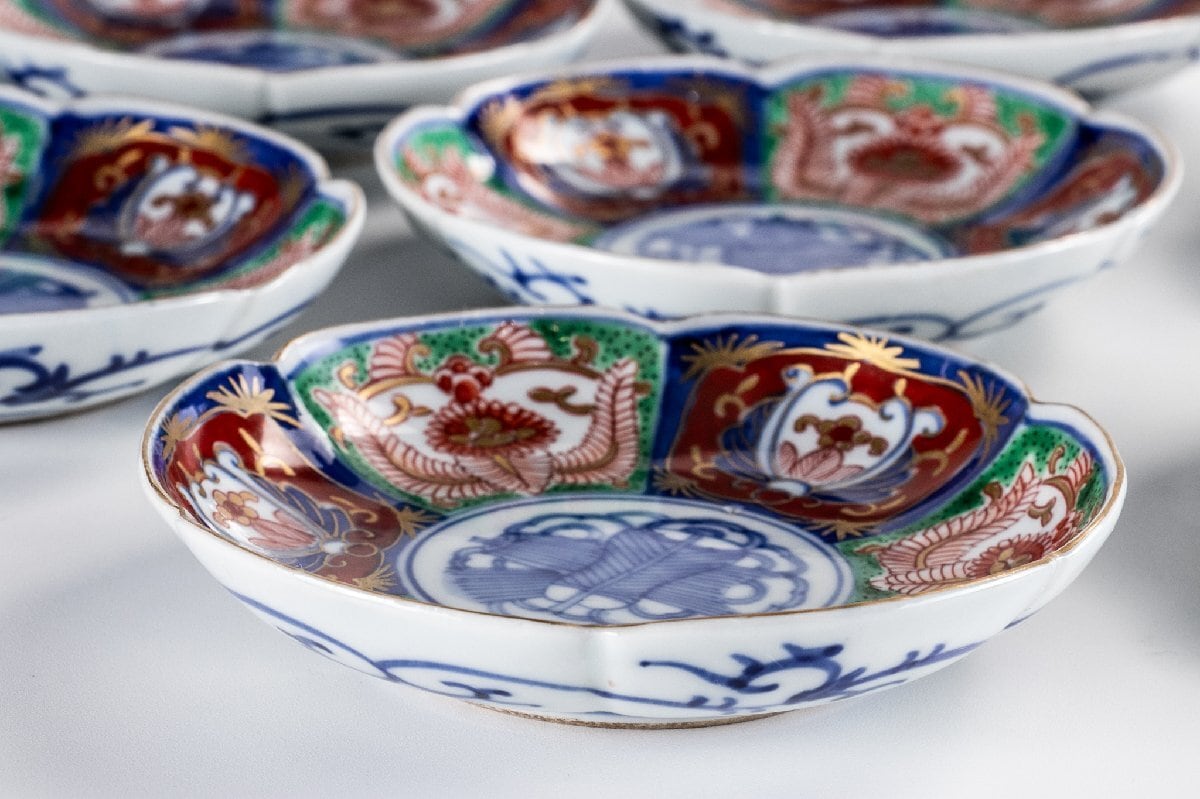 中古】【陶芸・陶器】古伊万里 錦手五寸皿7客【送料無料】 （古伊万里 