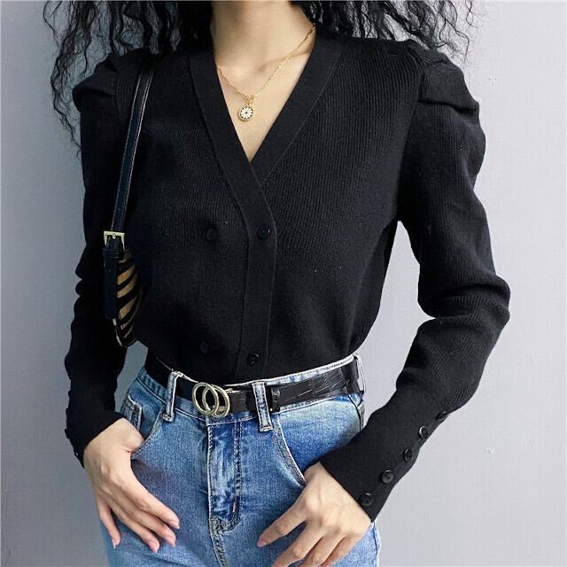 全2色 レディース ニット カーディガン パフショルダー ダブルボタン ショート丈 無地 シンプル おしゃれ S/M ブラック/ブルー