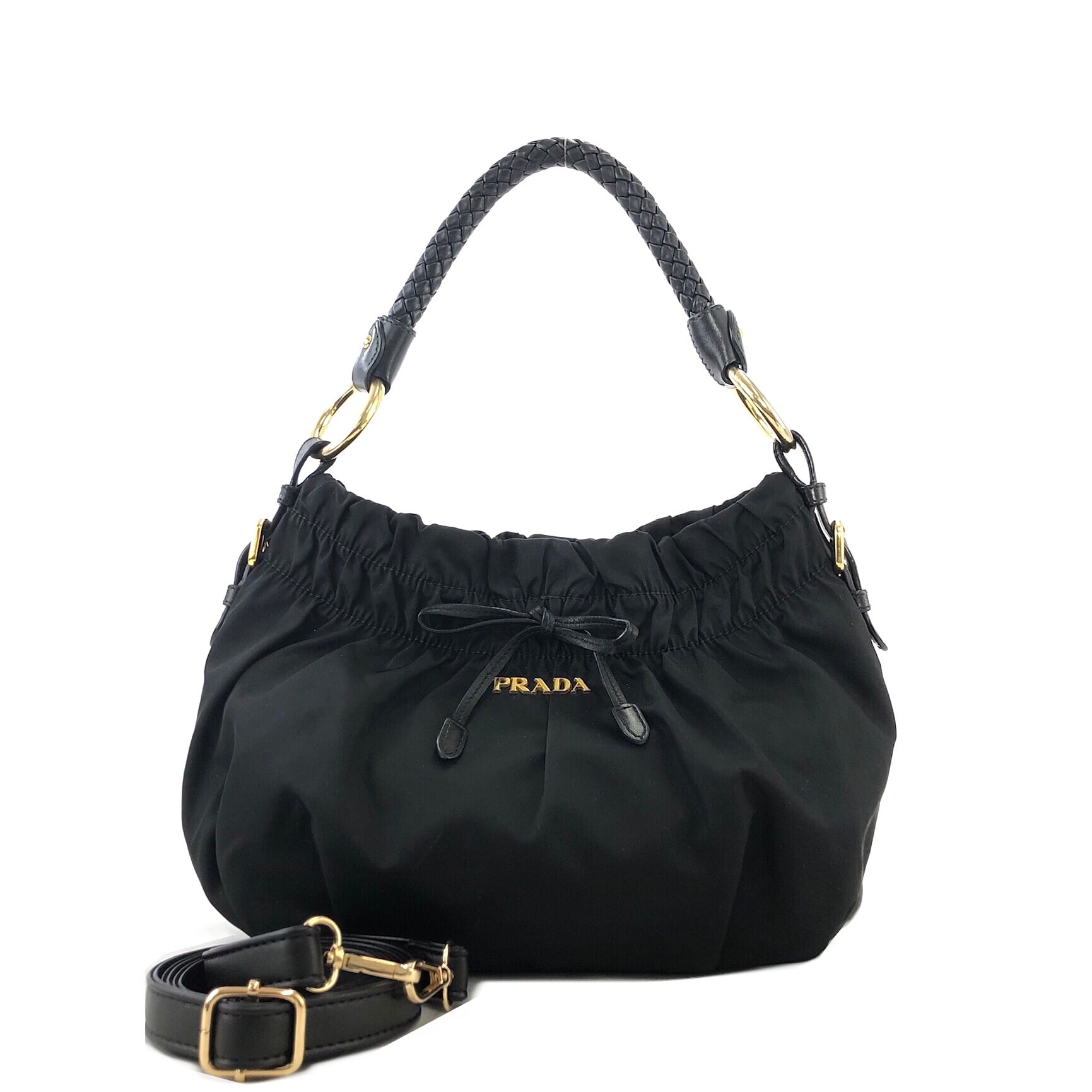 PRADA プラダ ロゴ ナイロン レザー ギャザー ショルダーバッグ PRADA プラダ ロゴ ナイロン レザー ギャザー ショルダーバッグ