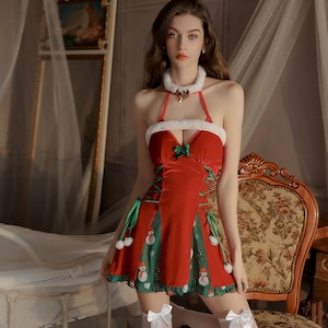 Lady's coco セクシー クリスマス風 ベロア ランジェリーセット ダイブVネック 背中開き ナイトウェア かわいいルームコスチューム LW2-GR4749