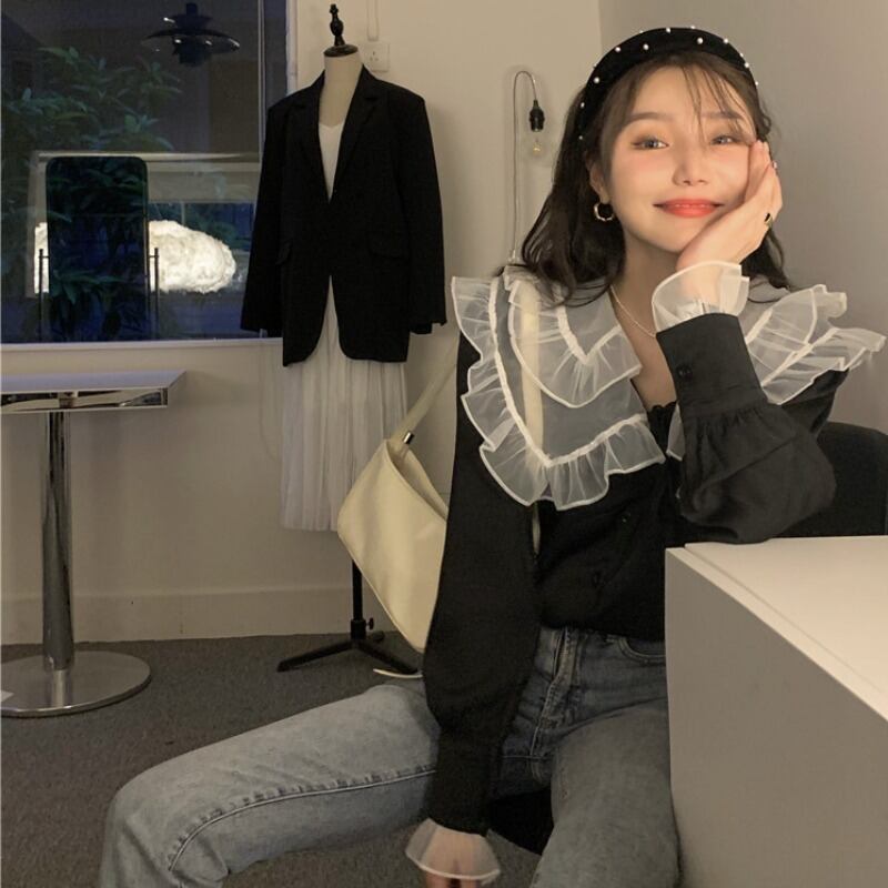 スタイルカラーシャツ オータムブラックレースブラウス ロング 大人ガーリー スウィート キュート カジュアル 秋物 モンロー27962886570