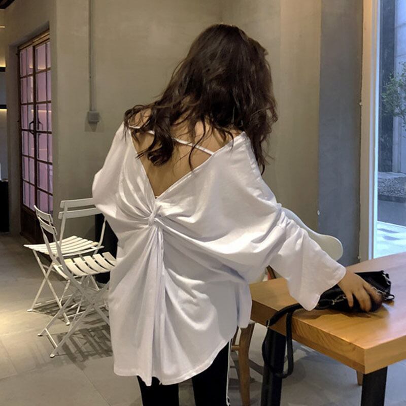 セクシー 背中開き オープンバック デザイン Tシャツ 緩い トップス FA