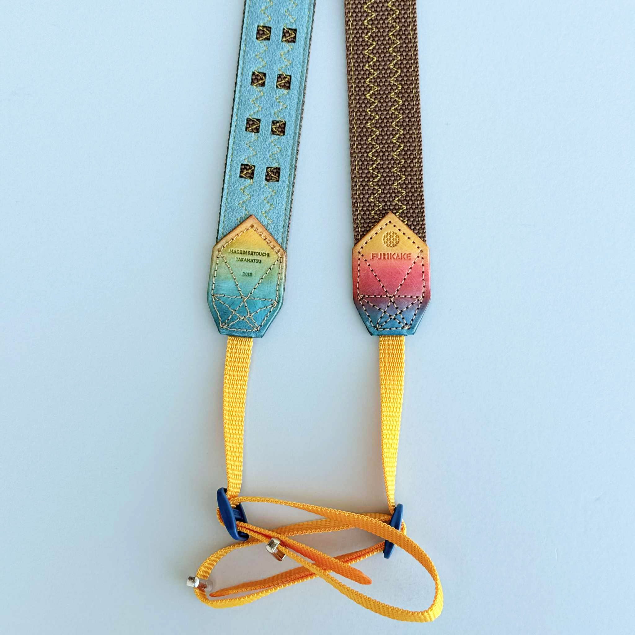 30mm幅カメラストラップブラウン裏地山藍ずり革グラデーション染