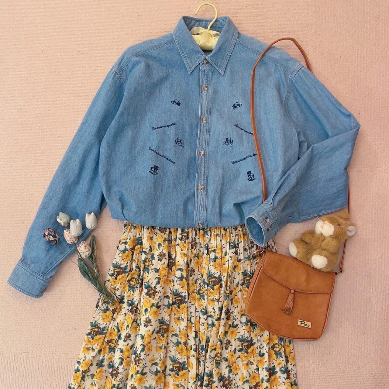 mini icon embroidery denim shirt