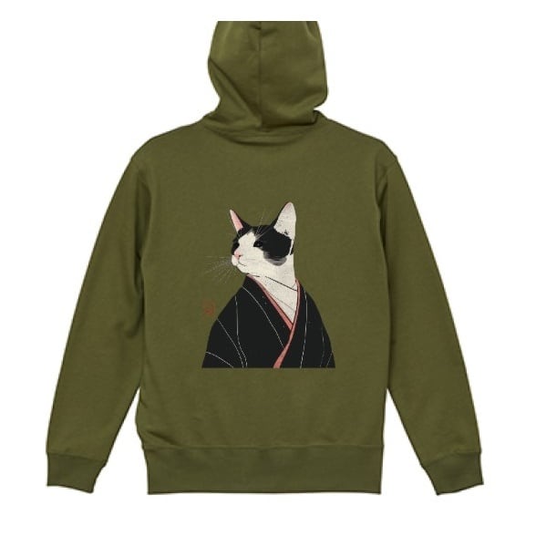 「凛と見返る黒白猫和装」プルオーバーパーカー/"Black and White Cat Looking Back with Dignity in Japanese Clothing" Pullover Hoodie