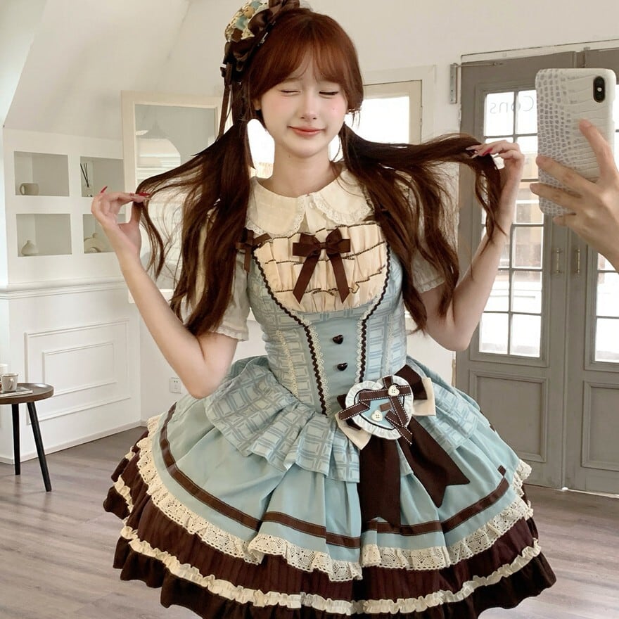 甘ロリ チョコミント配色 小帽子付きジャンパースカート（バック