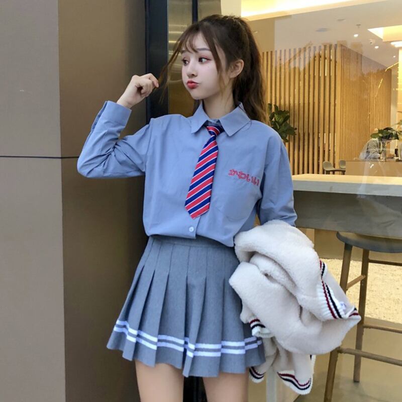 スタイルポケットシャツ スプリングハイウェスト薄手ストライププリーツスカート ロング レッド 刺繍 春物 萌量不足24793769371