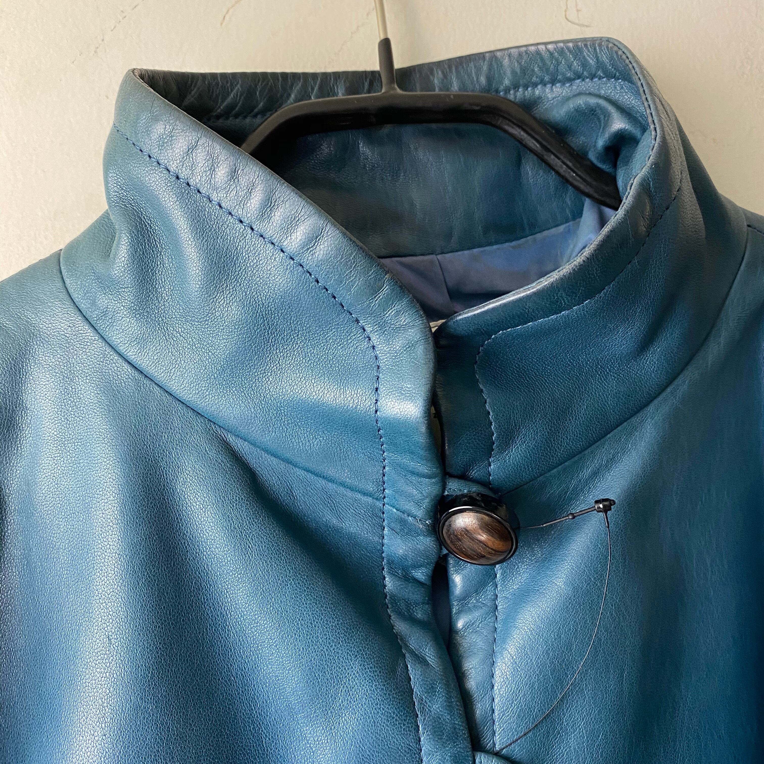 vintage YVES SAINT LAURENT peacock blue color stand collar leather 