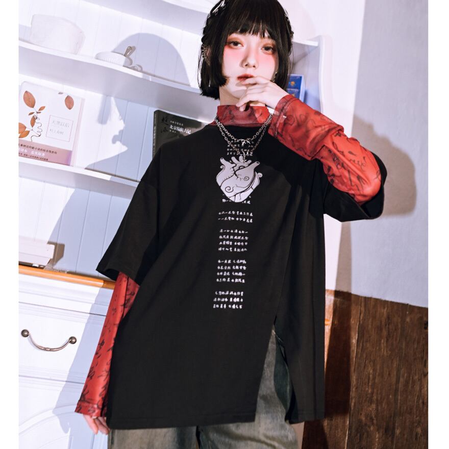 ゴスロリ通販 With U チャイナ風 ゴシック 古怪舎 半袖シャツ 五分袖Tシャツ スリット入り オーバーサイズ