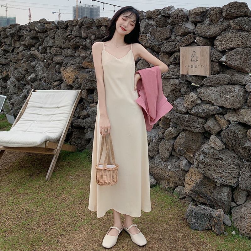 サマー薄手Vネックドレス レディースソリッド カラーロングスカート 夏物 ソリッドカラー 萌量不足68870218291