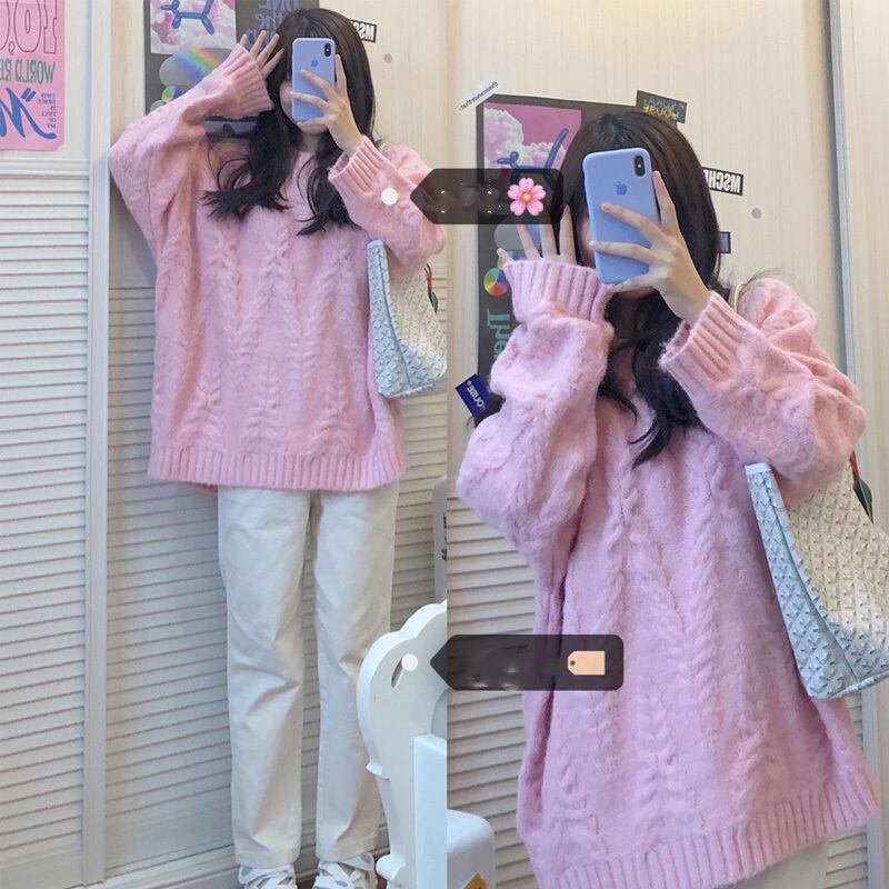 ラインルーズセーター レディースオータムウィンターニットジャケット ピンク 秋物 冬物 萌量不足50242725341
