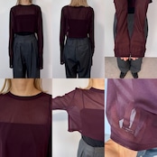 crew neck tulle sheer short tops/burgundy