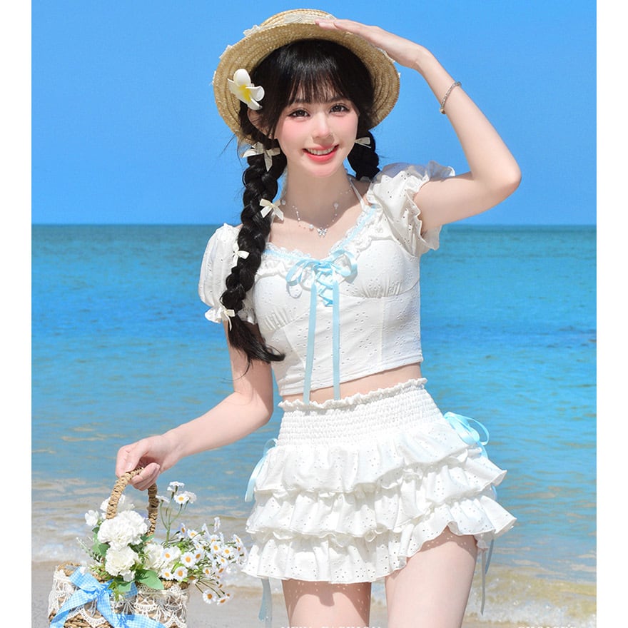 SEASONZ かわいい 水着 スイムウェア セットアップ フリルスカート 花柄 パフスリーブ かわいい水着 原宿スタイル