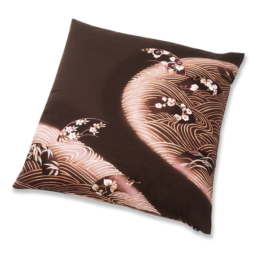 民芸 座布団(カバーのみ)扇面と波 TK(かれ茶)59×63