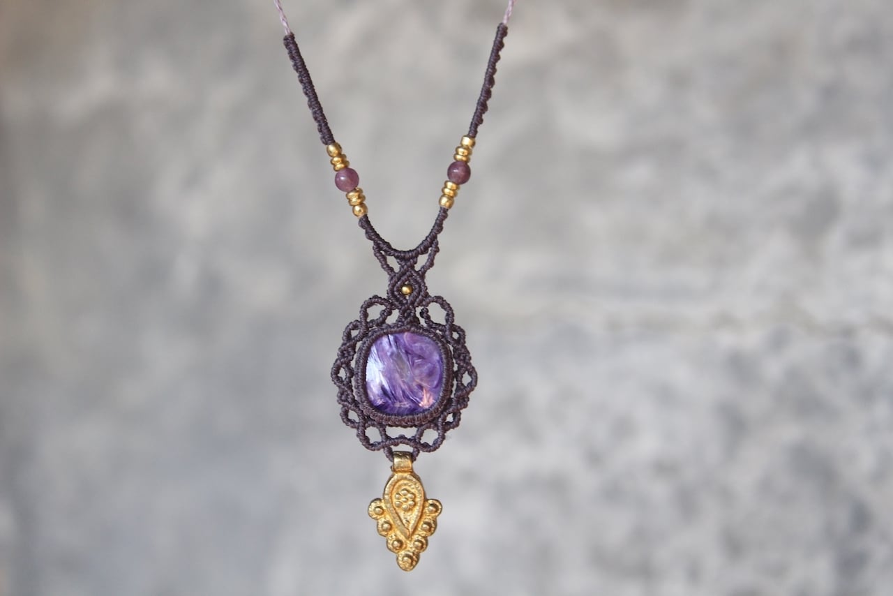 Charoite micro macrame necklace