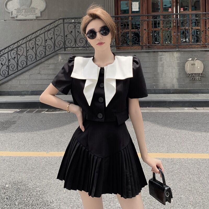 サマー半袖スリーブウェストプリーツスカート ショート ハーフスリーブ ストリート 夏物 ハンチェンe30357828821