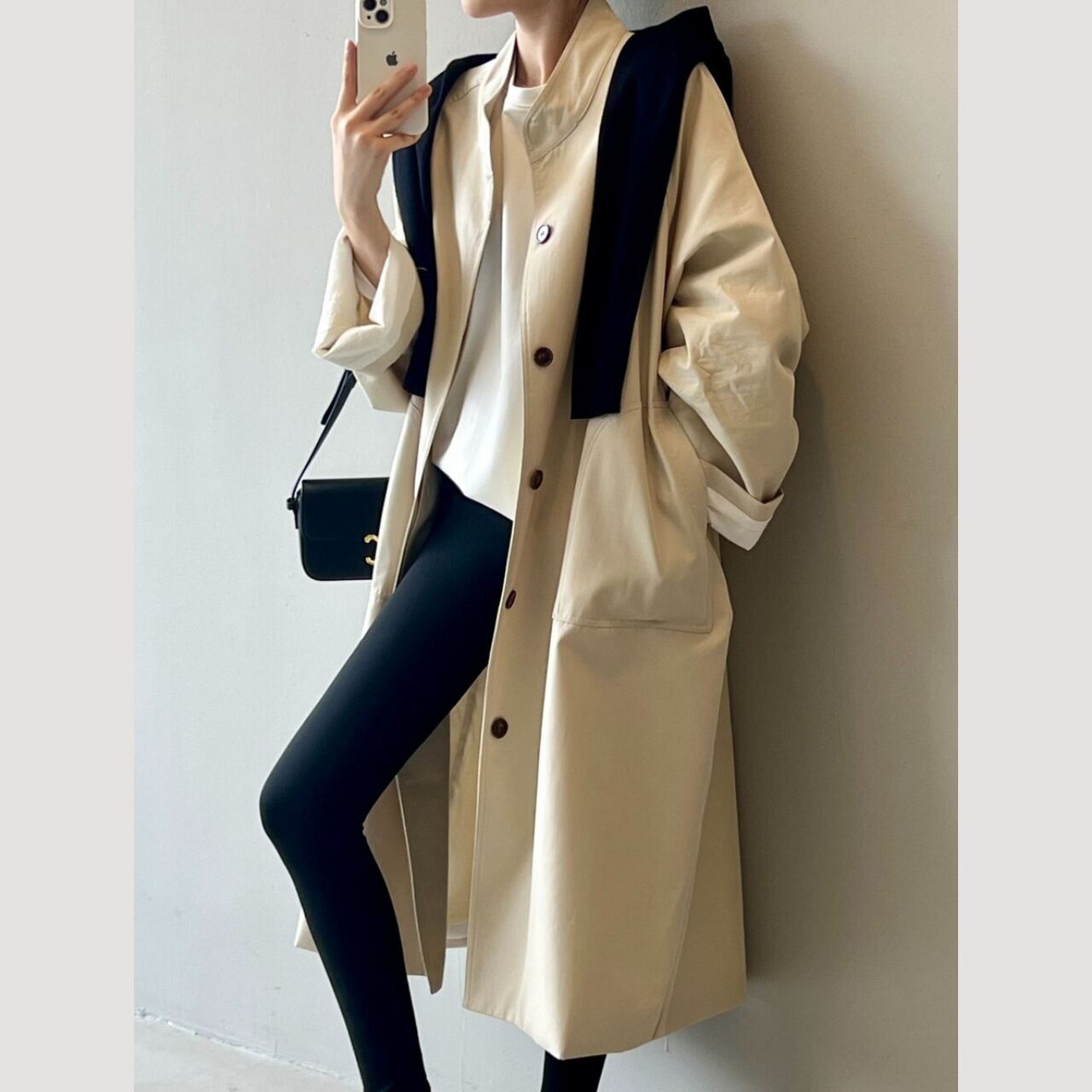 ノーカラーシングルボタンロングジャケット a0220