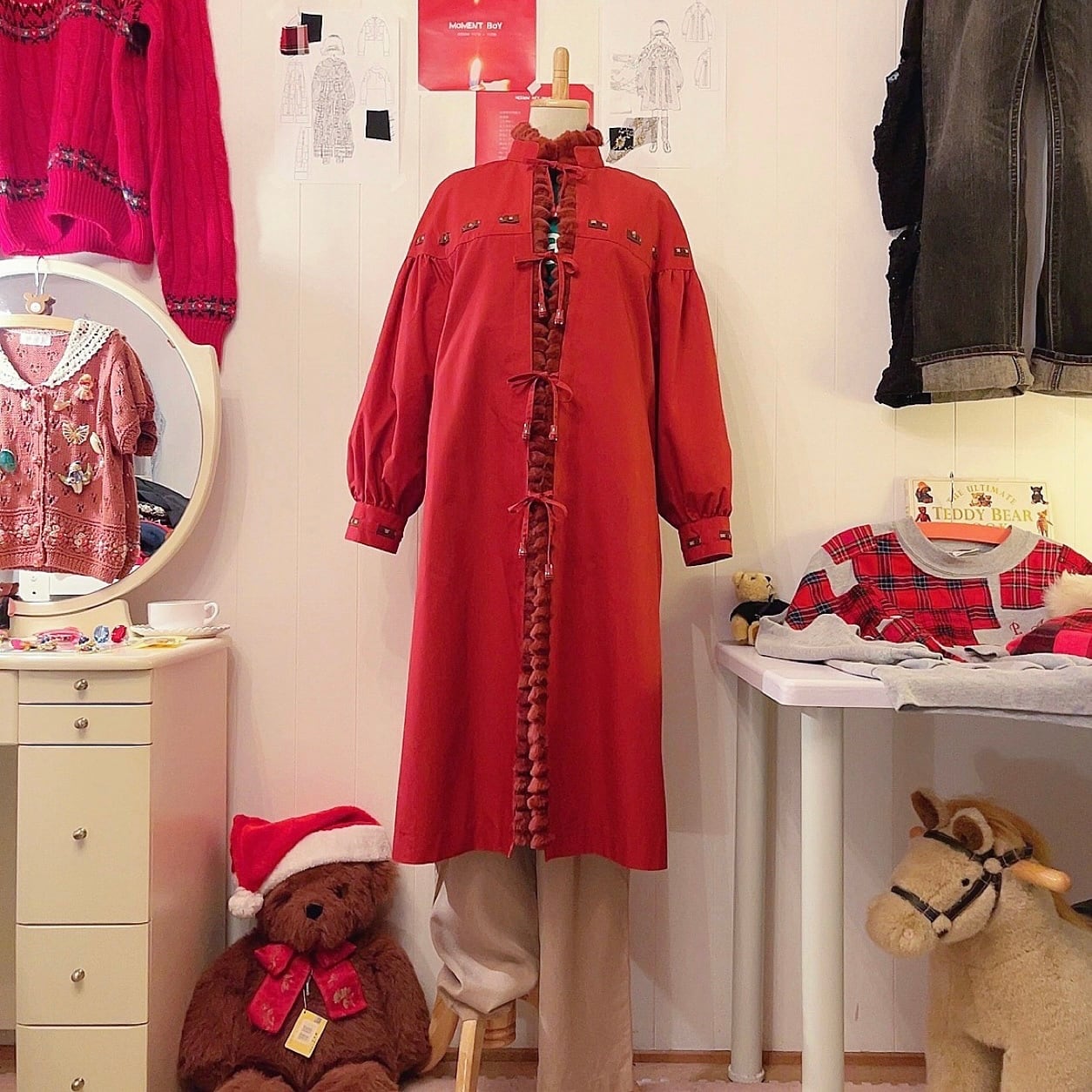 red ribbon fur liner coat