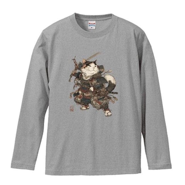 「戦場を駆ける、侍猫」 長袖Tシャツ
