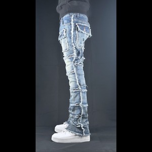 flare multi pocket stcked blue denim【ES054】