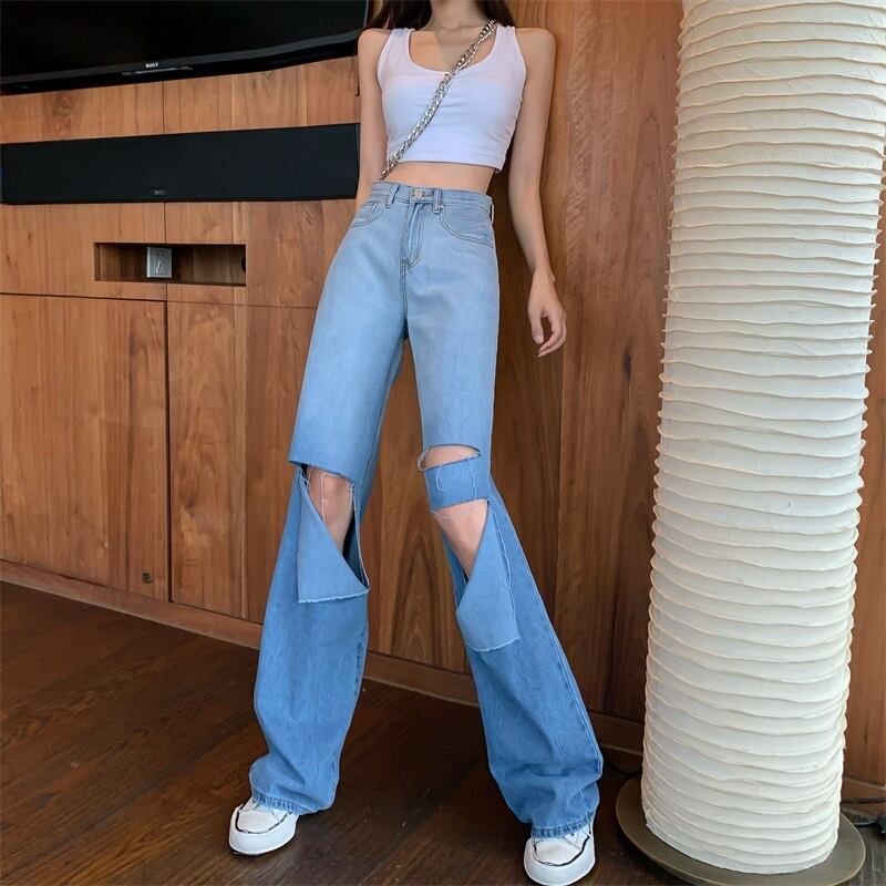 スプリングサマーブルーハイウェストウェストジーンズ ルーズ薄手ワイドレッグレディース 春物 夏物 ワイドパンツ ドラファッションホール86774525816
