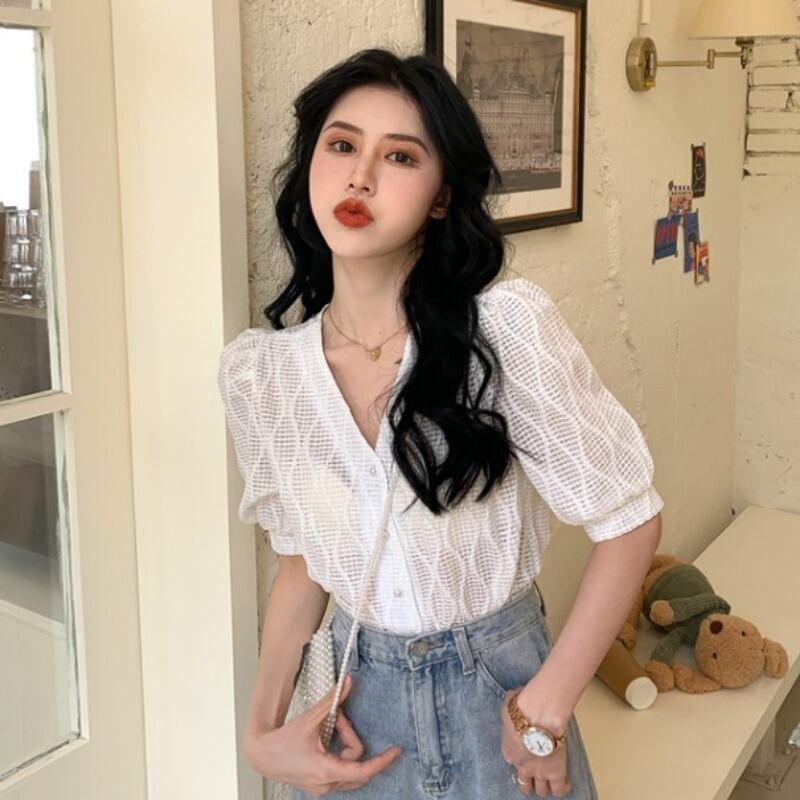 シャツデザインセンスニッチな新しい2020夏の薄いスタイルの中空の白いパフスリーブトップ 1号婦人29521474957