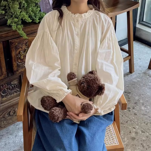 2色／フリルネックギャザーブラウス ・8577