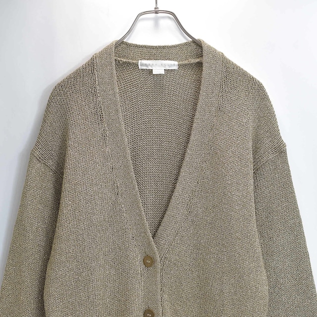 90s PERRY ELLIS ペリーエリス ニットカーディガン Vネック スリット糸 ラメニット ロング丈 レナウン トラッド ゴールド USED ヴィンテージ ビンテージ 古着 レディースXLサイズ相当