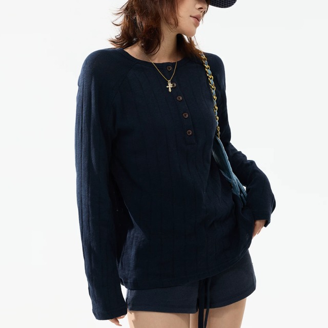 random-line henley veck long tee　ランダムラインヘンリーネックロングティー　J2111