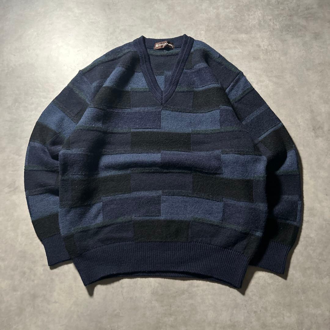 ヴィンテージ ネイビー レトロ 古着 ボーダー 幾何学 模様 ニット セーター