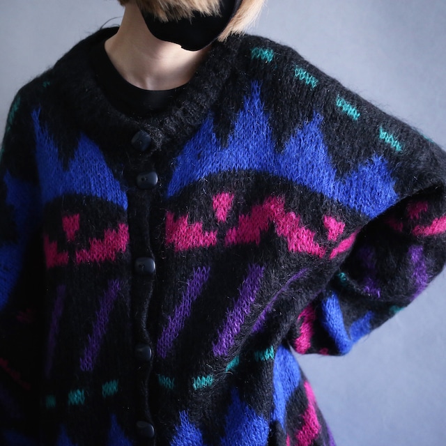 "mohair" psychedelic geometry pattern over size knit jacket coat